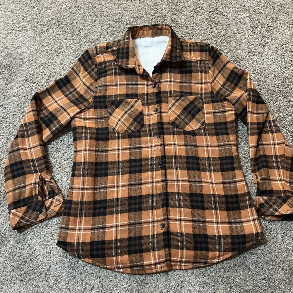 Miss Posh Womens Shacket Size M Sherpa Lined Plaid Utility Shirt Jacket Pockets